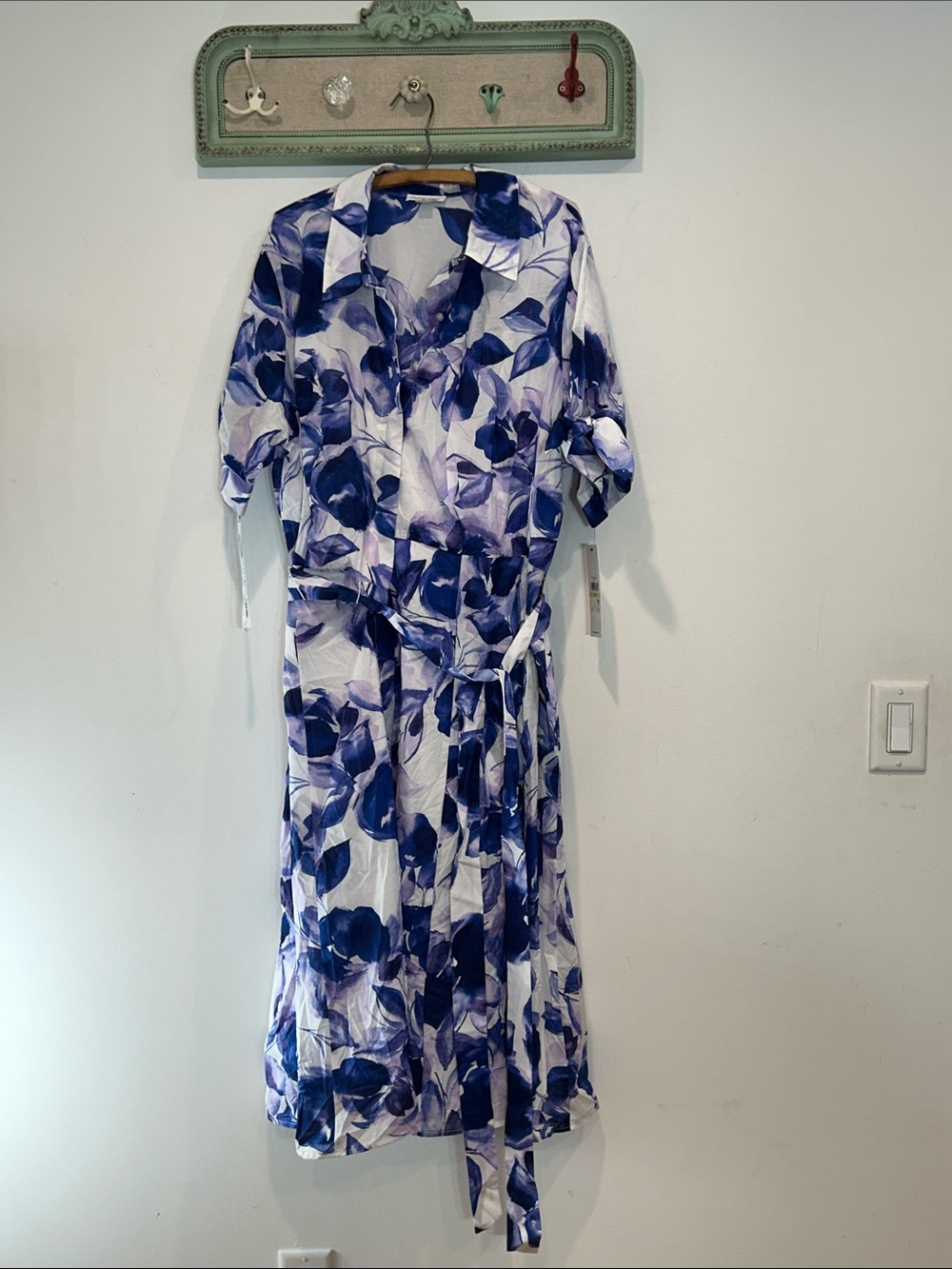 Calvin Klein Cotton White Midi Shirt Dress Blue Floral short sleeve plus 18 new